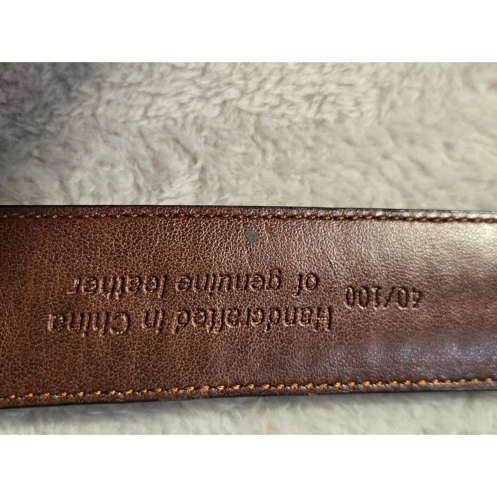 Mens Brwn Genuine Leather Braided Inlay Belt Gold Buckle Size 40/100 Handcrafted